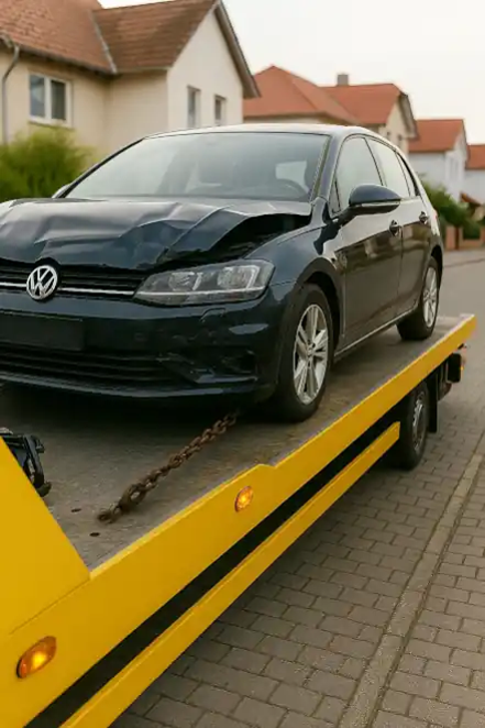Defektes Fahrzeug wird zum Autoankauf in Suhl abgeschleppt, um unkompliziert verkauft zu werden.